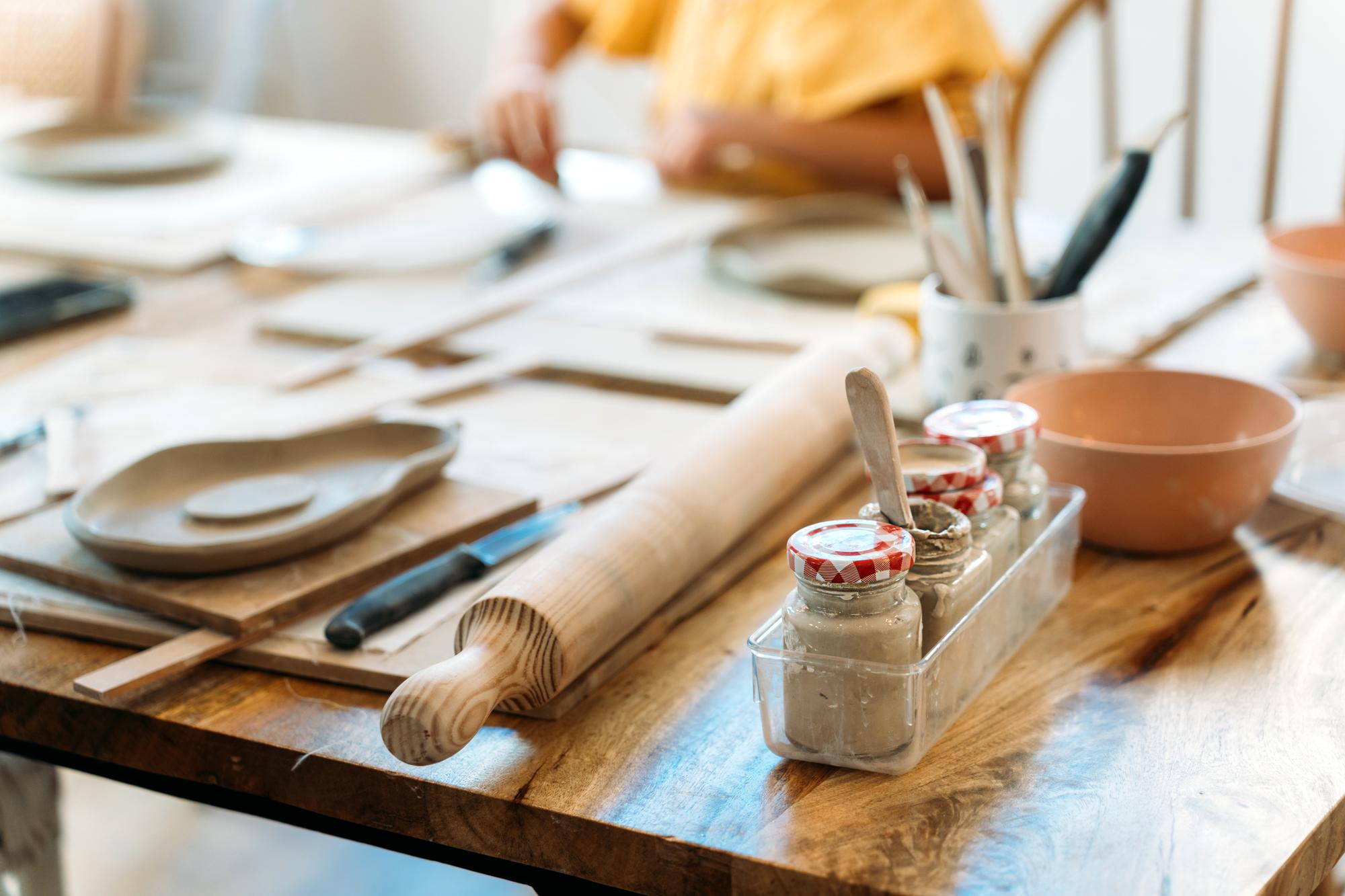 Workshop table with ingredients and prep notes